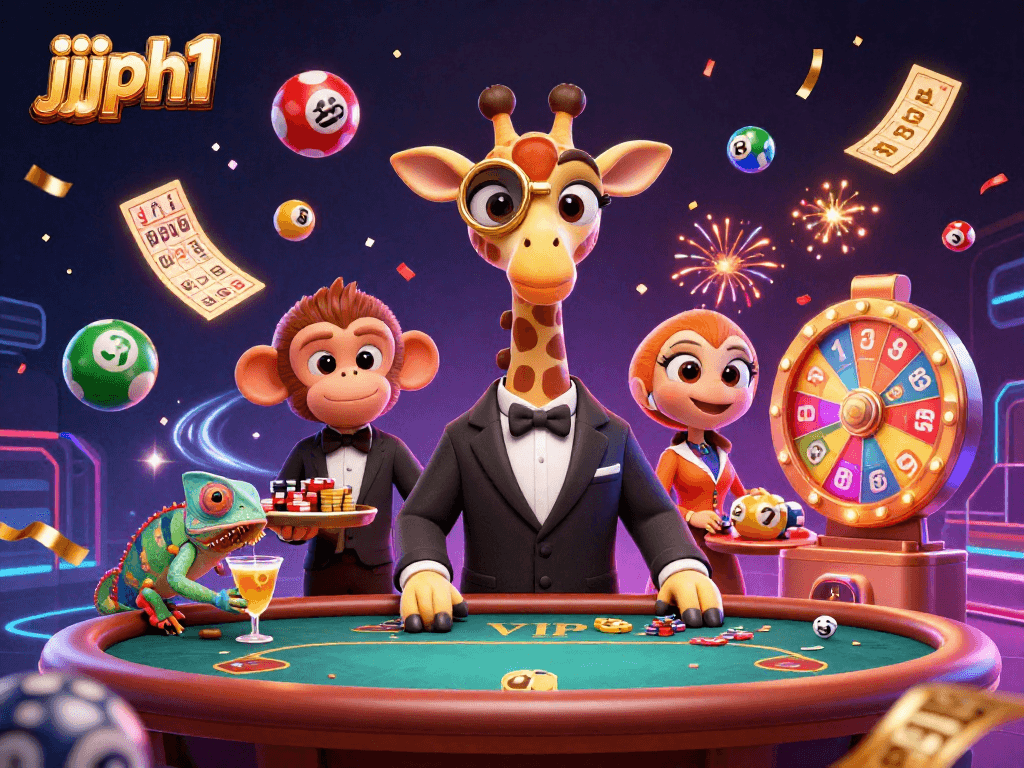 Gumawa ng masayang eksena sa jjjph1 gamit ang mga lotto bola, VIP poker table, at masiglang mga karakter.