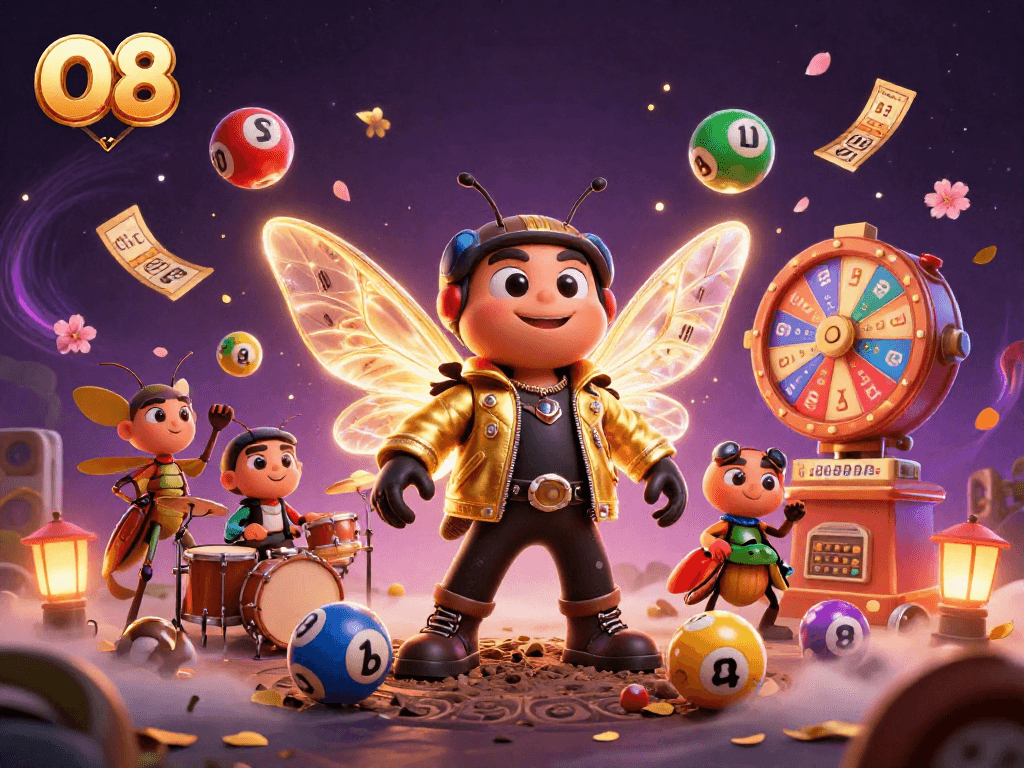 Engage with O8's vibrant gaming universe as illustrated by a lively cicada rock star and festive lottery elements.
