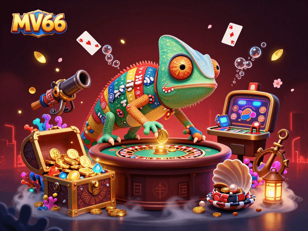 Experience the thrilling MV66 casino world as our chameleon owner catches golden coins amid games and treasure.