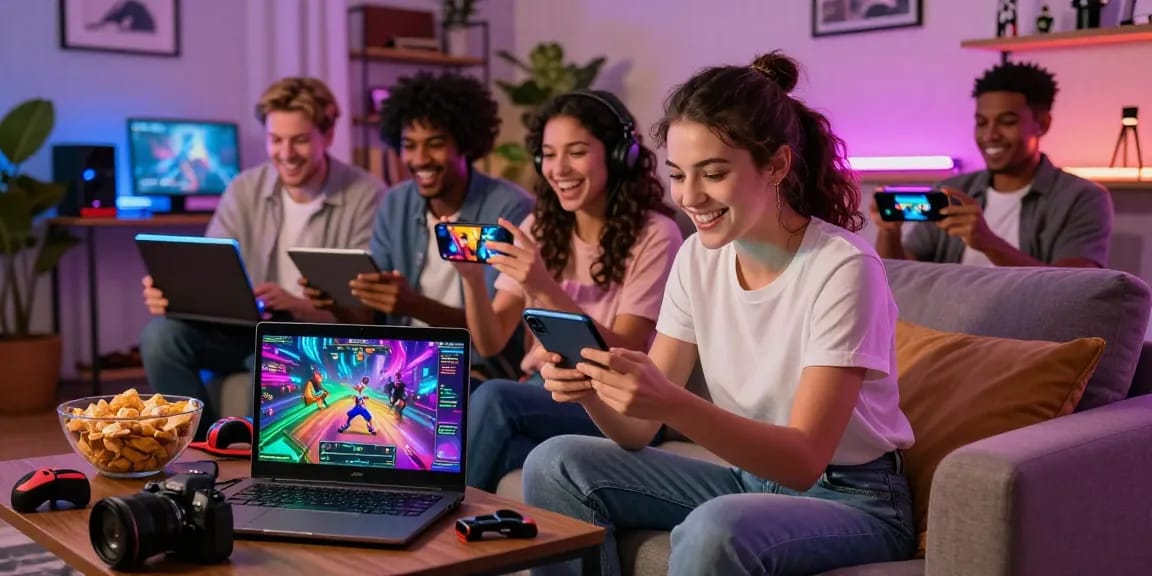 Engaging scene of diverse players enjoying online porn games on various devices in a cozy setting.