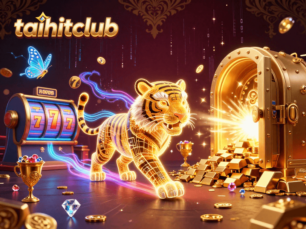 Experience the thrill of taihitclub with a vibrant 3D casino scene featuring dynamic slot reels and treasures.