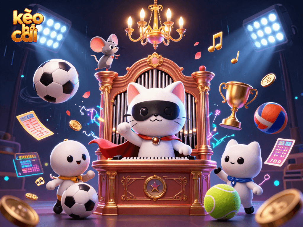 Engage with kèo nhà cái in a vibrant 3D casino scene featuring a white cat and dynamic sports elements.