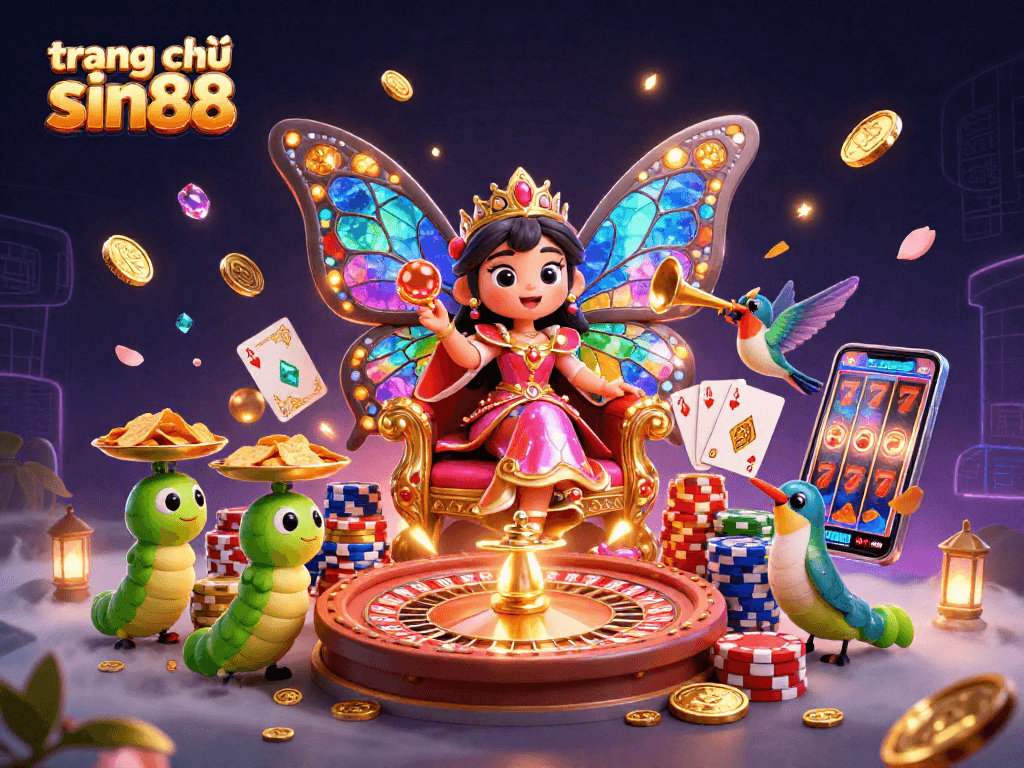 Engaging ultra-detailed 3D illustration depicting trang chủ sin88 with vibrant casino elements, inviting gamblers to explore.