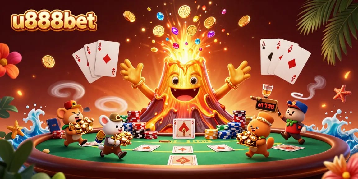 Experience the thrill of u888bet as a triumphant volcano erupts treasure amidst a dynamic casino scene.