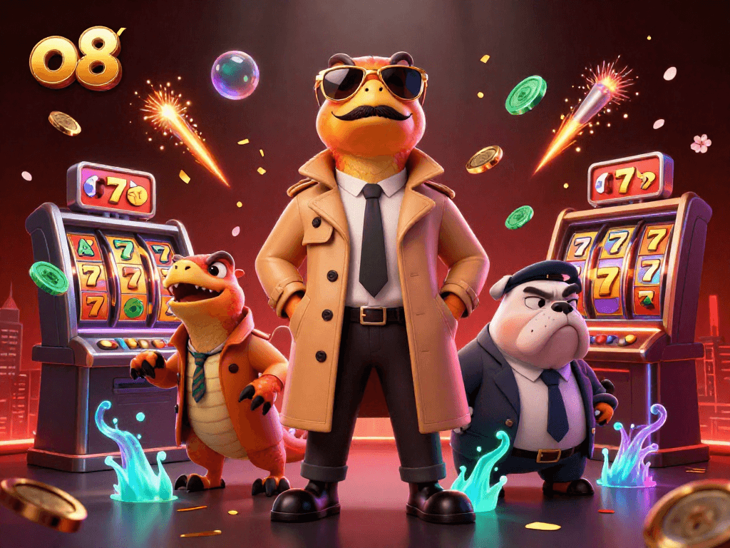 Experience excitement at o8's vibrant casino with animated characters and dynamic game elements.