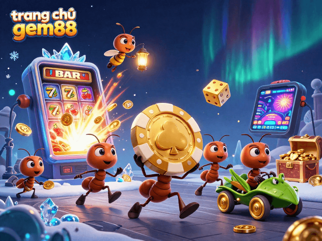 Join the adventure at trang chủ gem88 as ants capture a giant poker chip amidst bursting slot machine action!