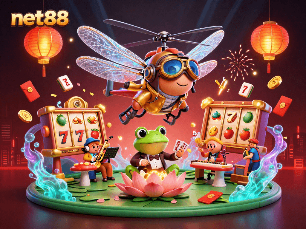 Experience the excitement of net88 with a lively casino scene featuring a dragonfly pilot, frog croupier, and jazz-playing crickets.