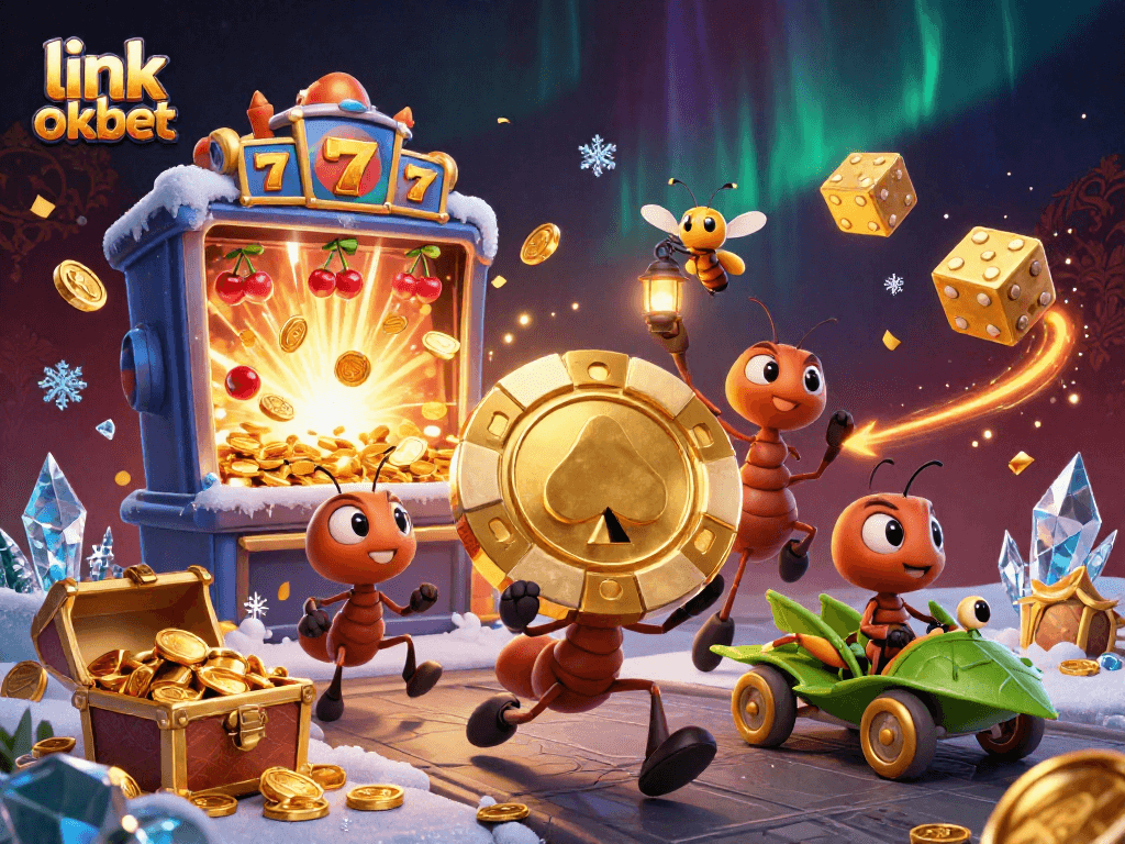 Experience excitement with link oxbet as ants steal a giant poker chip in a vibrant casino heist scene.