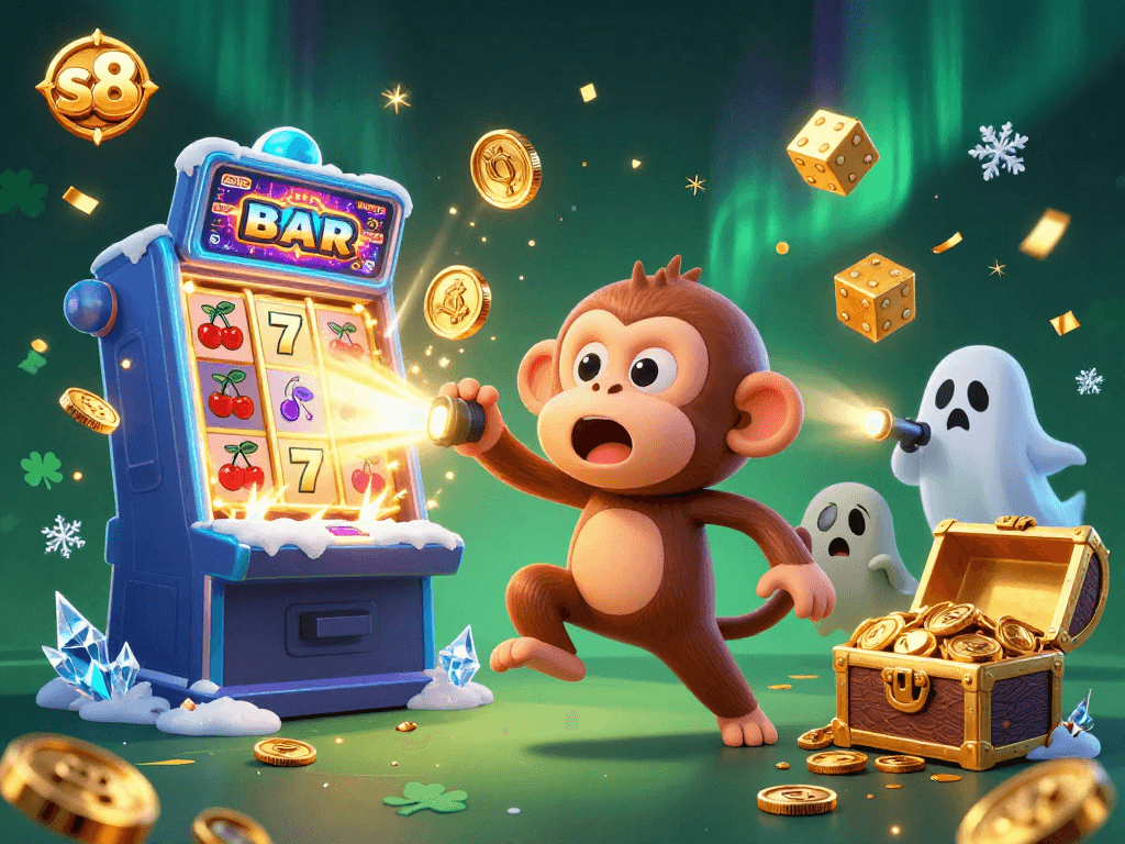 S8 slots come alive as a playful monkey juggles golden items in a colorful casino.