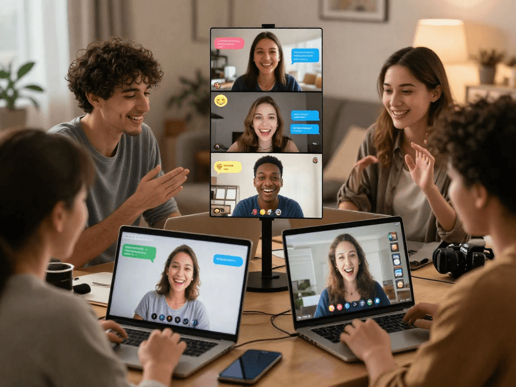 Engaging sex chat interaction with diverse participants in a cozy virtual setting.