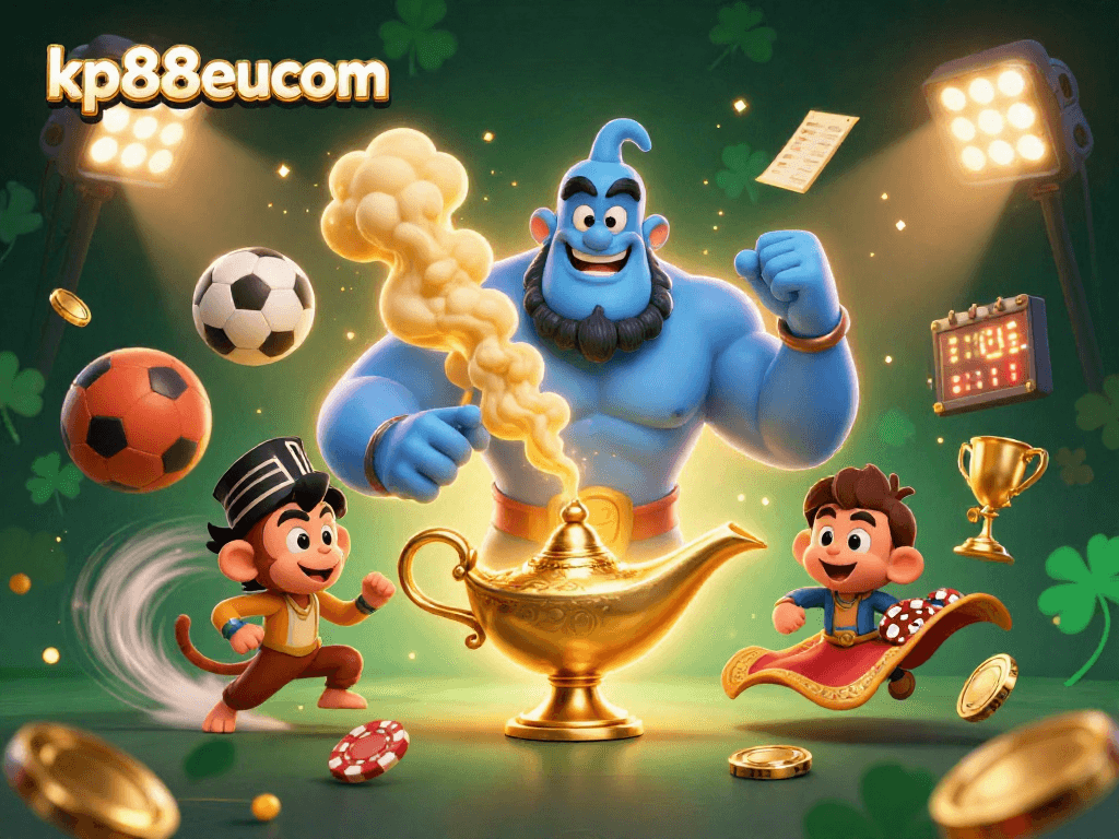 Experience KP88eucom with exciting sports betting action featuring a mystical genie and vibrant motifs.