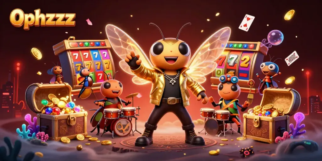 Engage with the exciting world of 0phzzz, featuring a vibrant casino scene with a cicada rock star and slot reels.