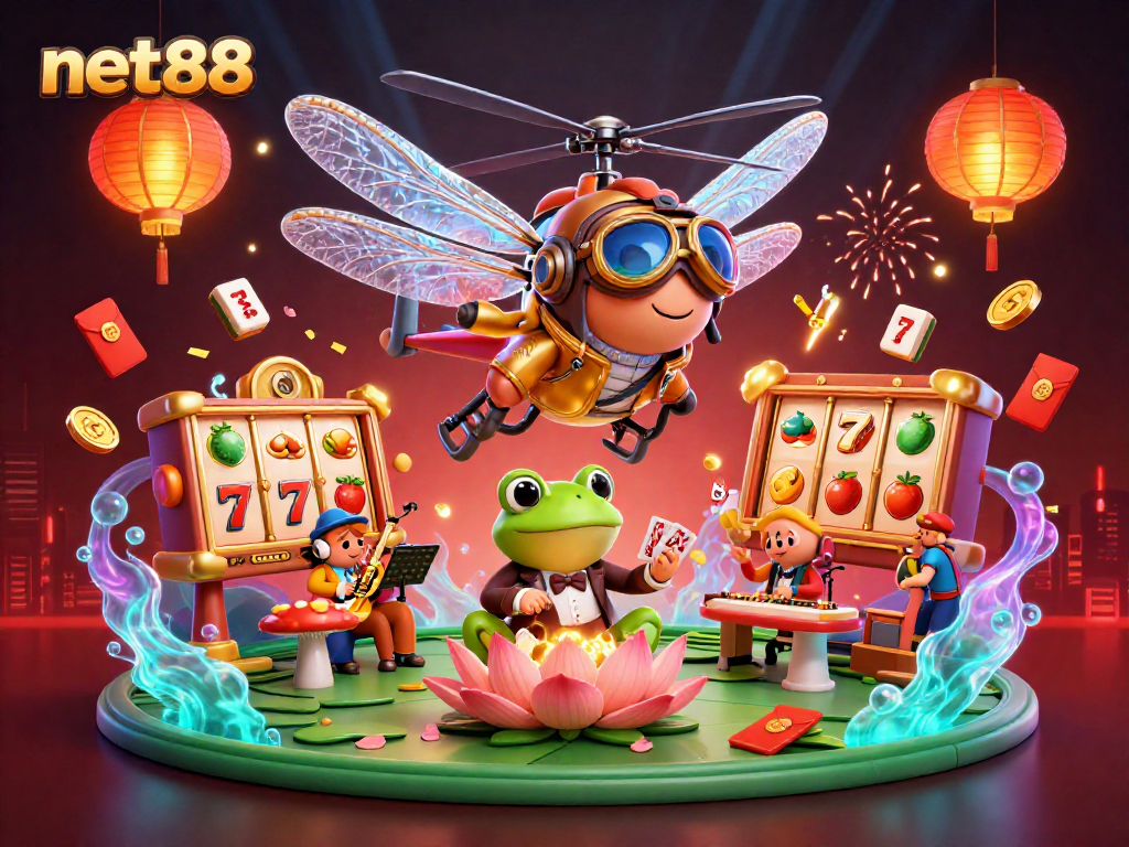 Experience the excitement of net88 with a lively casino scene featuring a dragonfly pilot, frog croupier, and jazz-playing crickets.