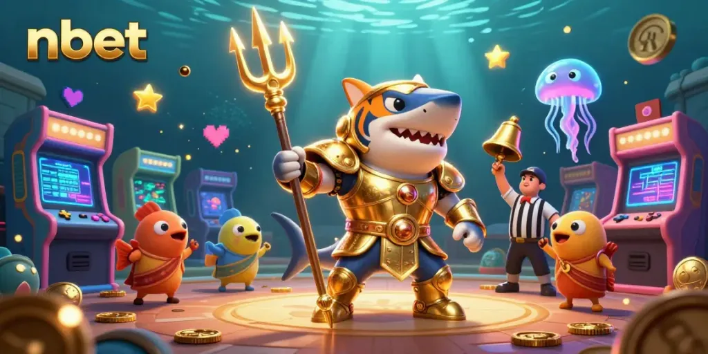 Experience exciting games at nbet with a fierce shark in golden armor amidst vibrant casino elements