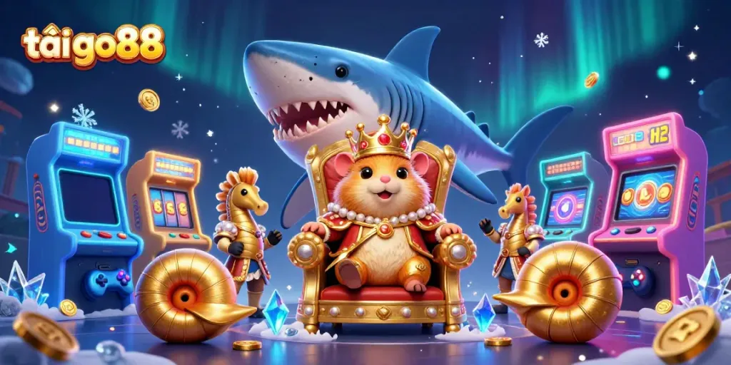 Engage in thrilling gameplay with tải go88 featuring a hamster king on a megalodon throne, surrounded by vibrant arcade elements.