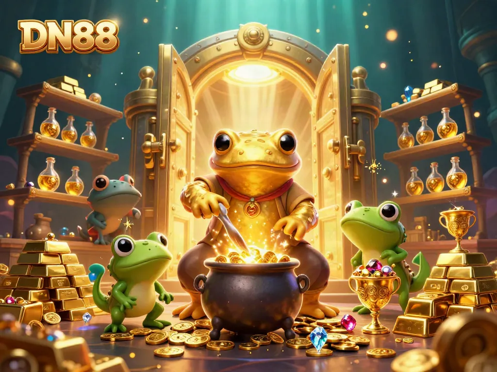 Experience excitement with DN88's dynamic gambling scene featuring golden salamander alchemist and treasures.