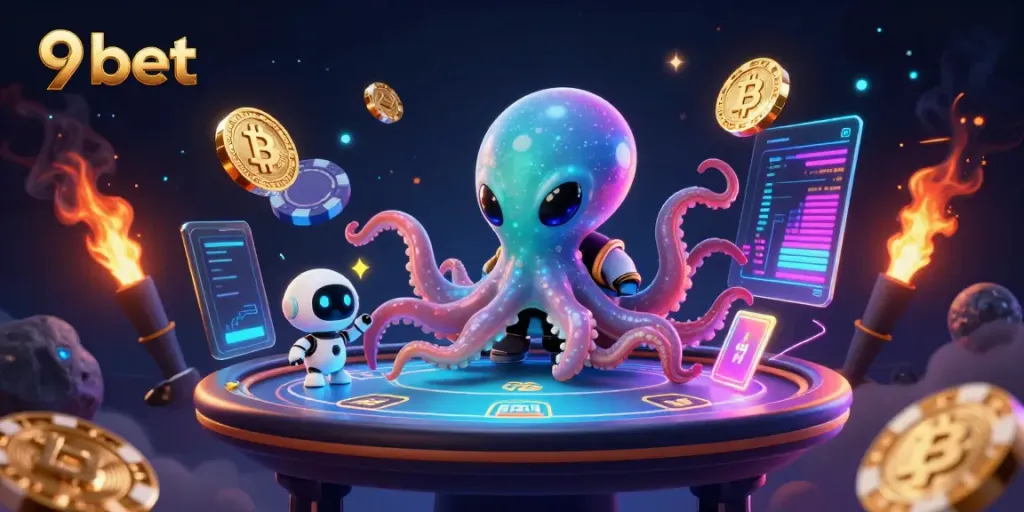 Engage with the vibrant 9bet alien poker scene featuring floating holographic elements and dynamic gambling action.