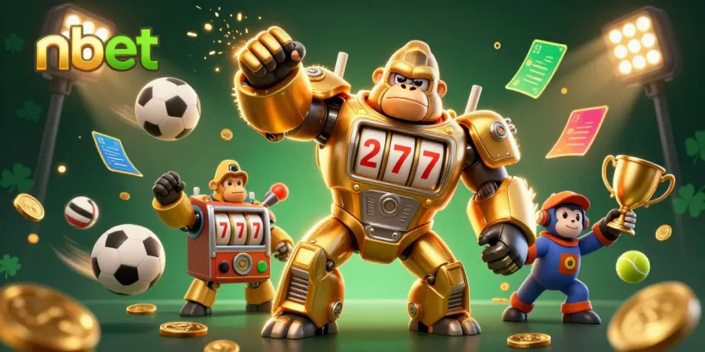 Experience thrilling actions with nbet as a golden gorilla mech and explosions of coins in a vibrant casino-themed scene