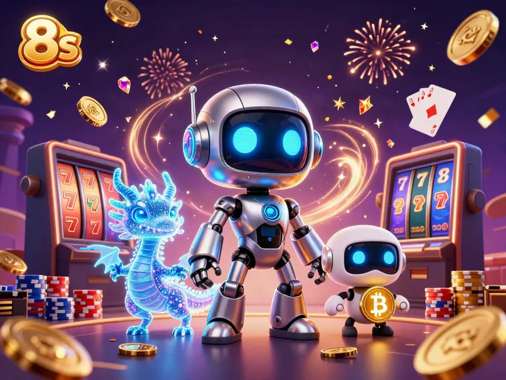 Engaging illustration showcasing 8s' dynamic casino scene with a cyberpunk robot and gaming elements