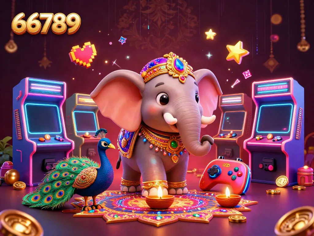 Engage with 66789's vibrant gaming environment featuring an ornate elephant and neon arcade elements.