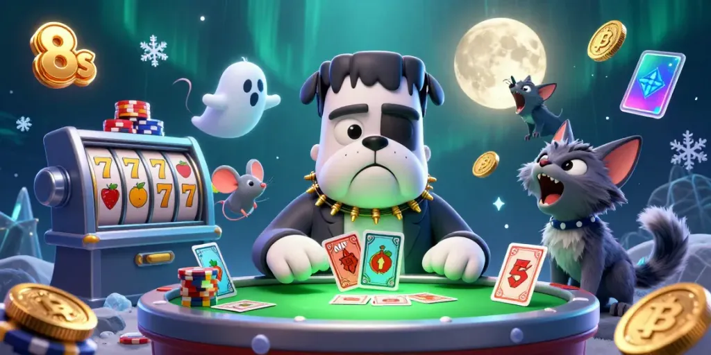 Engage with the thrilling world of 8s casino action, featuring characters and vibrant slot game scenes.