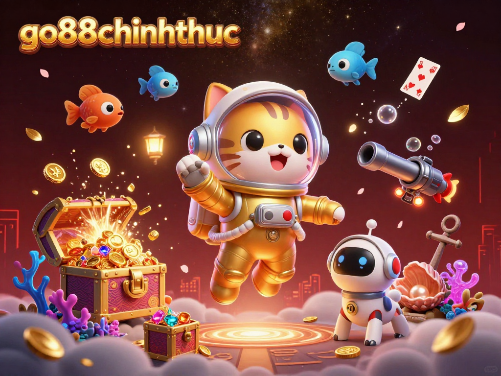 Experience thrilling gaming with go88chinhthuc, featuring a vibrant 3D cat astronaut and robot dog in an interstellar casino