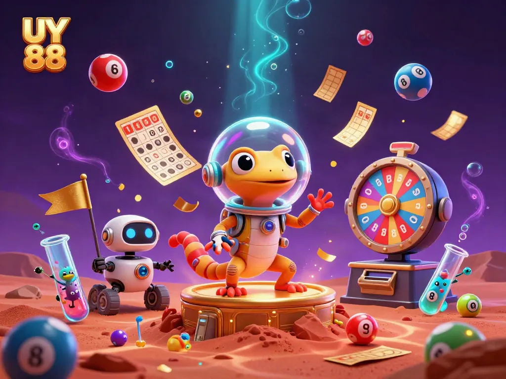 Experience UY 88 with a Martian gecko at a buried casino amidst colorful lottery games.