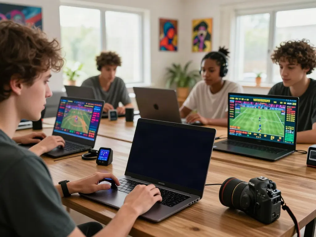 Players enjoying sports betting experience with VIN88 platform on laptops and phones, showcasing excitement.