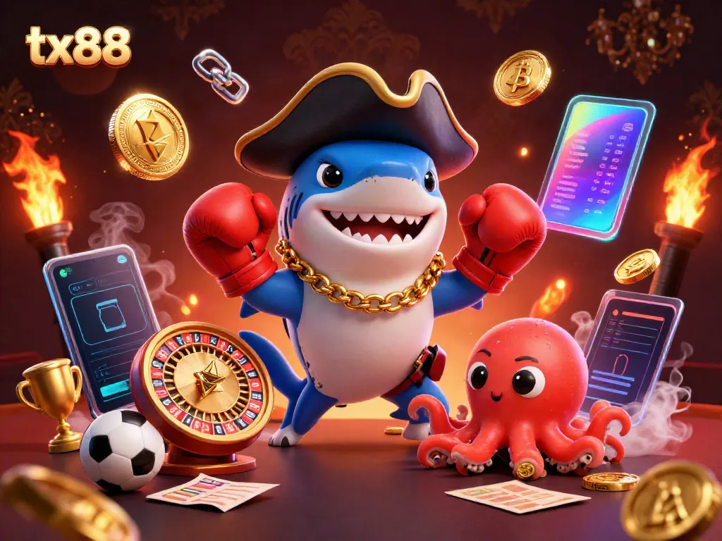 Engage your luck with tx88 betting elements in a vibrant cartoon scene featuring a playful shark, pufferfish, and octopus.