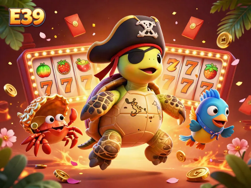 Experience thrilling wins with E39, featuring vibrant pirate themed characters amidst casino slot reels.