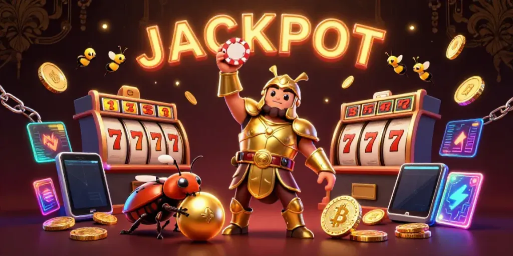 Experience the thrill of trang chủ b52 with a vibrant jackpot scene featuring a victorious hercules beetle and dynamic casino elements.