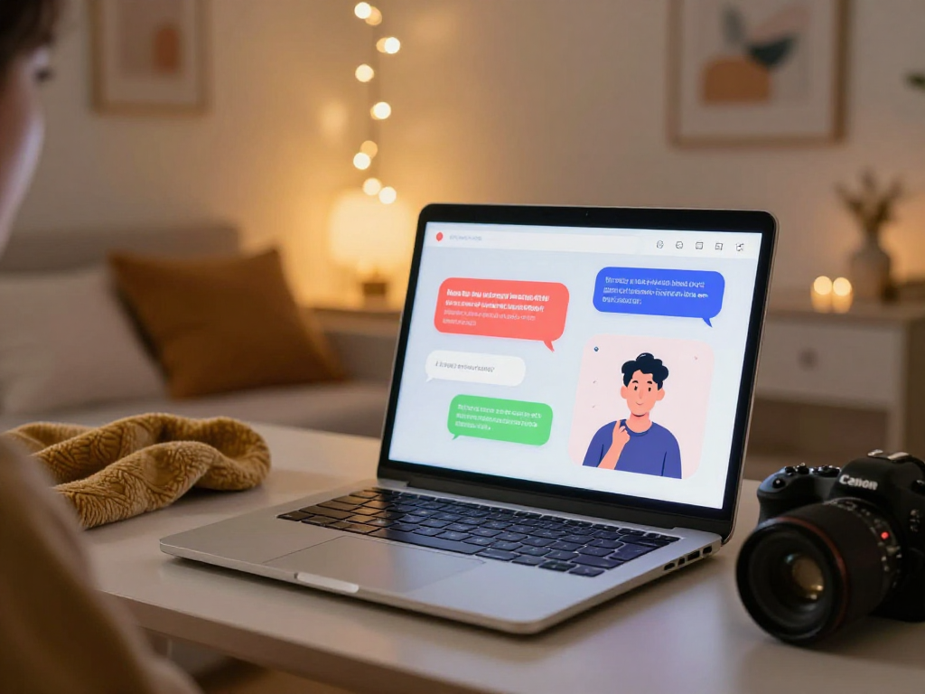 Engaging AI sex chat experience on a modern laptop in a cozy bedroom setting