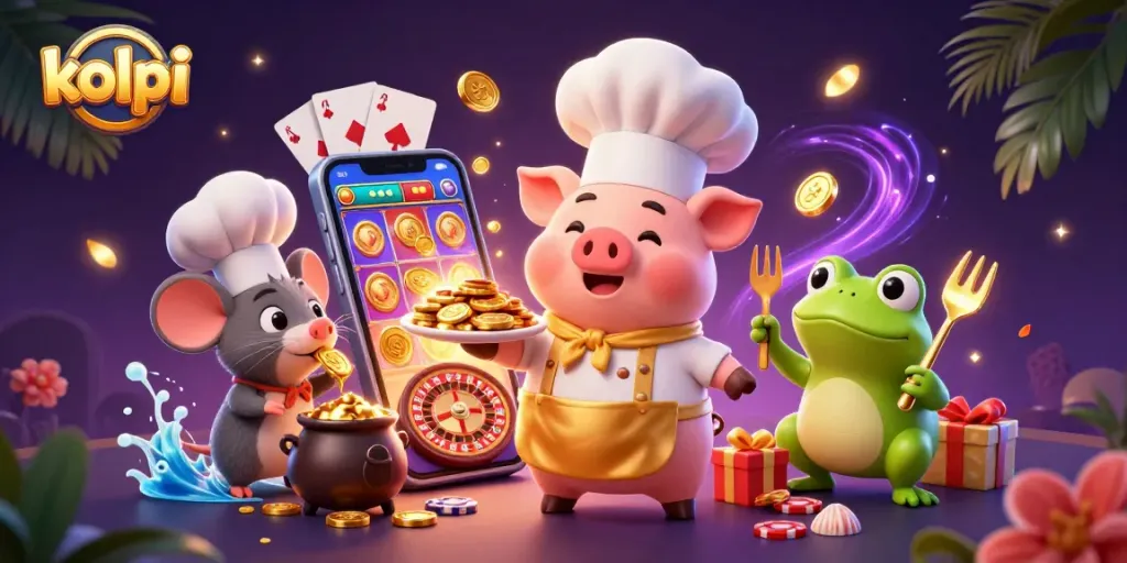 Engage with kolpri's thrilling slot games as a pig chef serves golden coins in a dynamic casino scene.