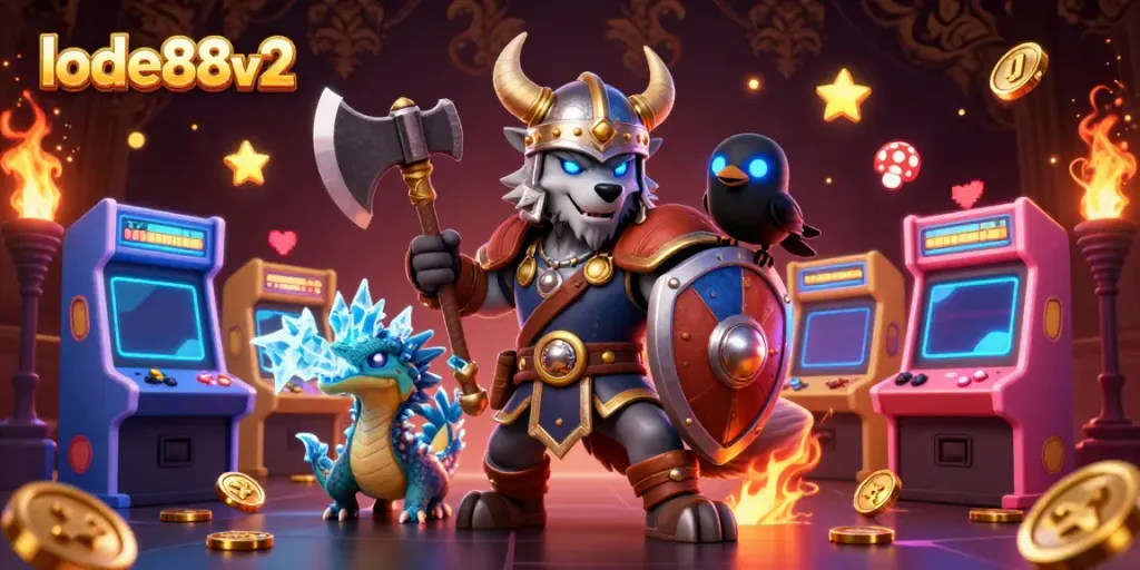 Engage in exciting gameplay with lode88v2 featuring Viking warriors and casino-themed elements.