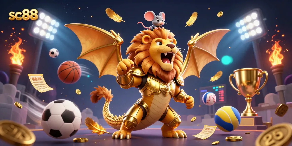 Experience excitement with sc88's thrilling golden chimera and dynamic sports elements in a vibrant casino illustration.