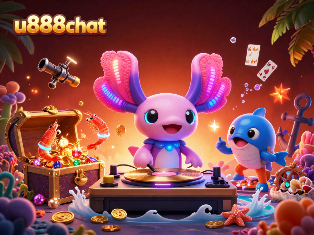 Join the excitement with u888chat's vibrant underwater casino scene featuring a DJ axolotl and lively sea creatures.