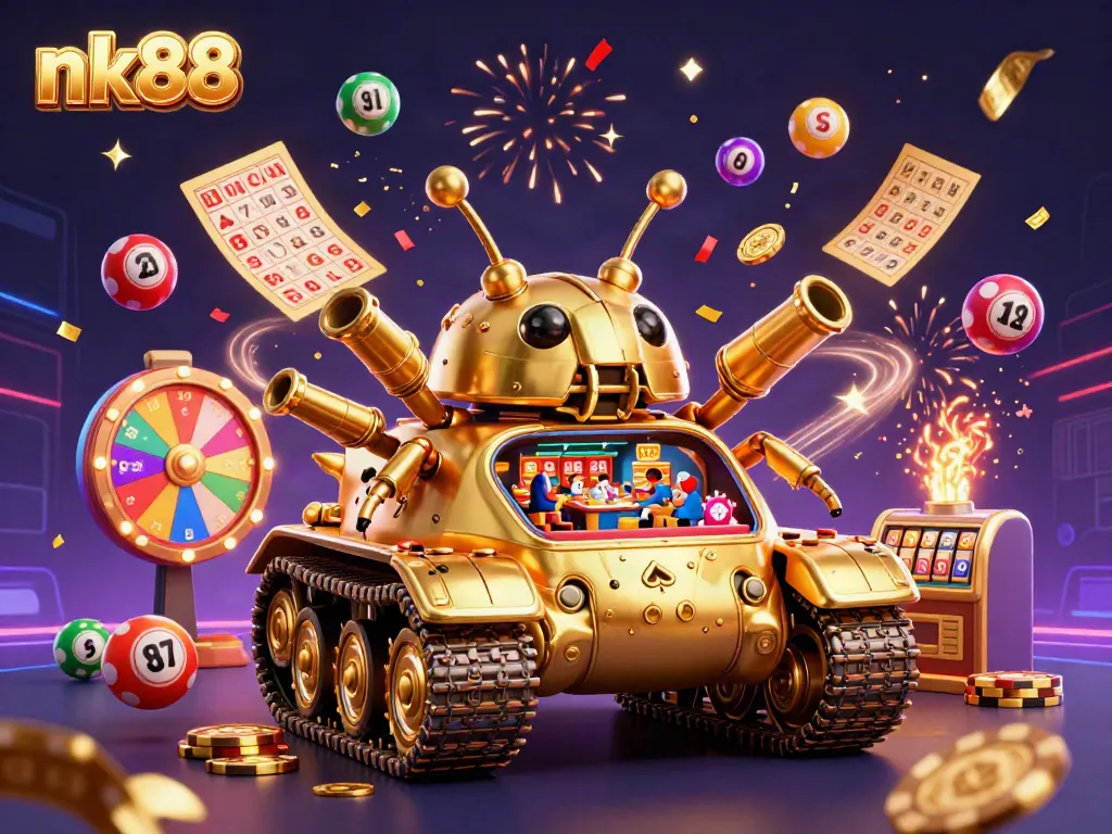 Experience the excitement of nk88 with a golden beetle tank casino and colorful lottery elements.