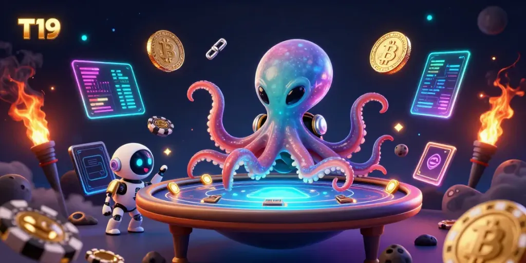 Experience gaming excitement at T19 with an alien octopus at a holographic poker table, energized by crypto elements.