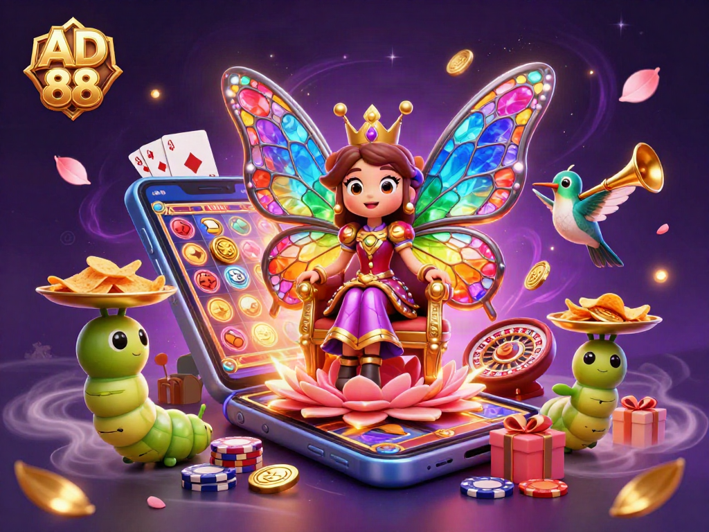 Experience the vibrant world of AD 88, where a butterfly queen reigns over playful gambling elements.