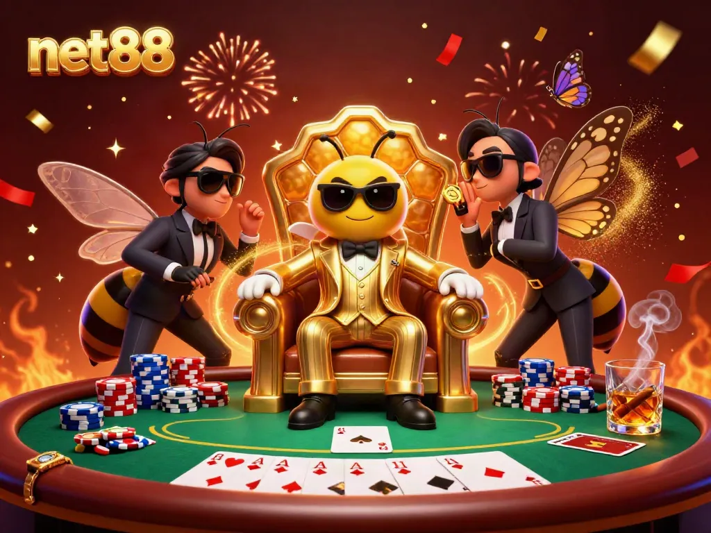 Experience the vibrant net88 gaming scene with a cartoon bumblebee mob boss amid poker excitement.