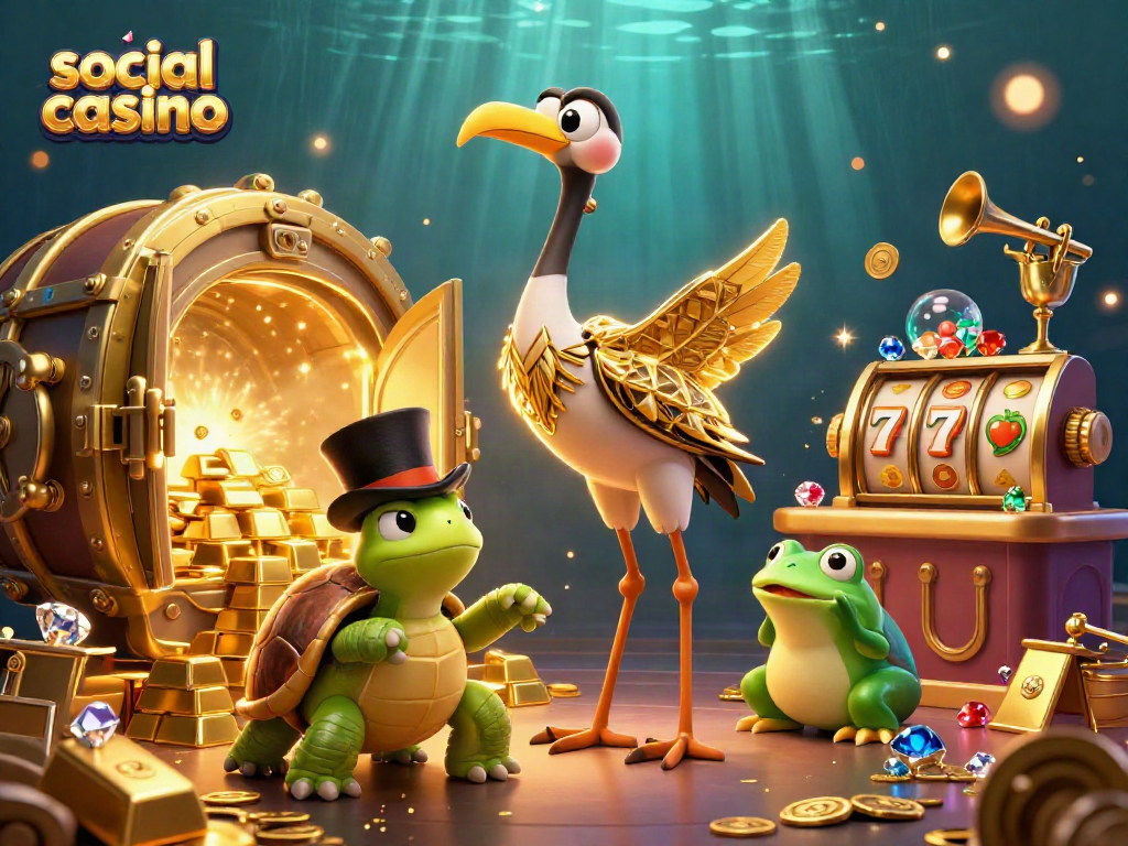 Engage with the vibrant scene of a social casino featuring lively characters and dynamic gaming elements.