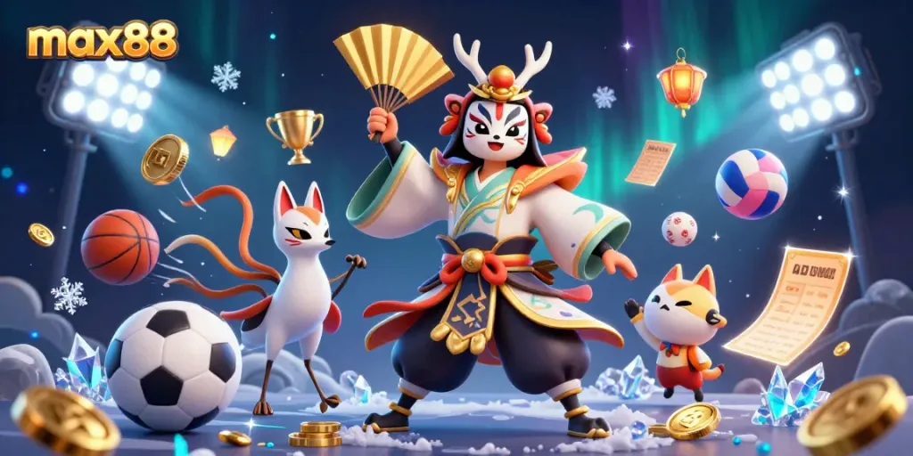 Experience thrilling gaming at max88 with a vibrant 3D scene featuring dynamic sports elements, kabuki warriors, and celebratory effects.