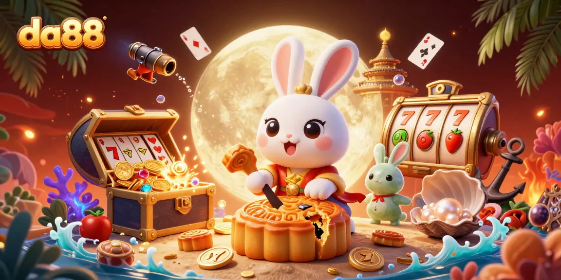 Experience thrilling moments at da88 with the moon rabbit enjoying casino-style gaming in a vibrant 3D world.