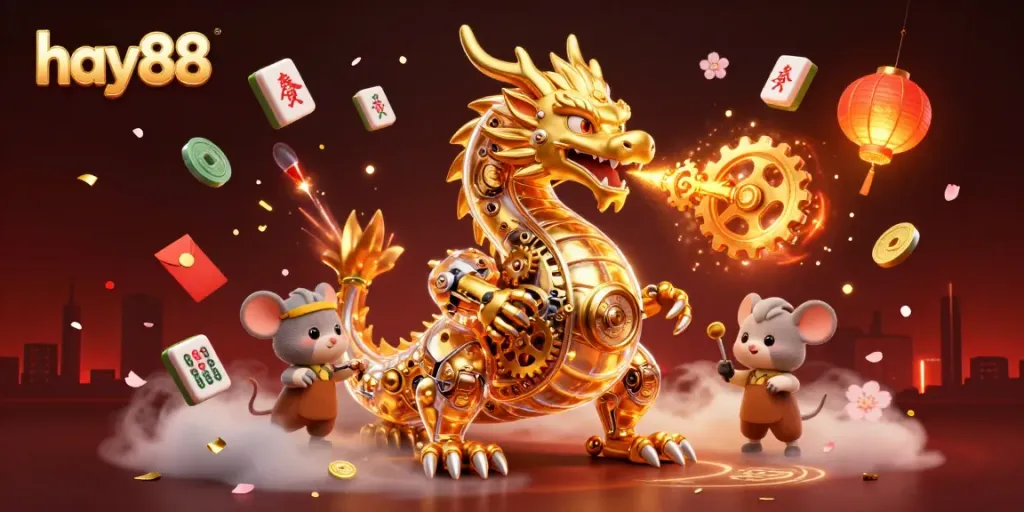 Engage with the vibrant scene of hay88's casino world, featuring a golden dragon amidst festive elements and captivating lights.