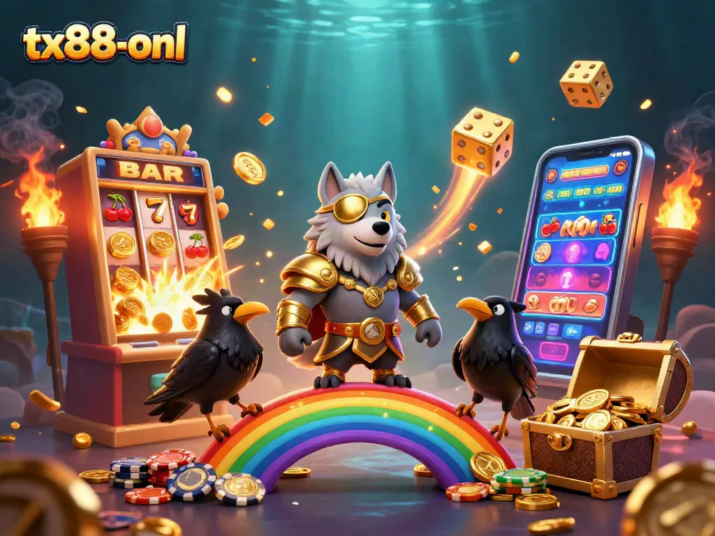Spin the jackpot at tx88-onl with a vibrant 3D casino illustration showcasing Odin and ravens amid casino thrills.