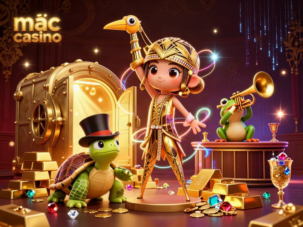 Experience the excitement of mac casino with a 3D cartoon scene featuring vibrant characters and gold treasures.
