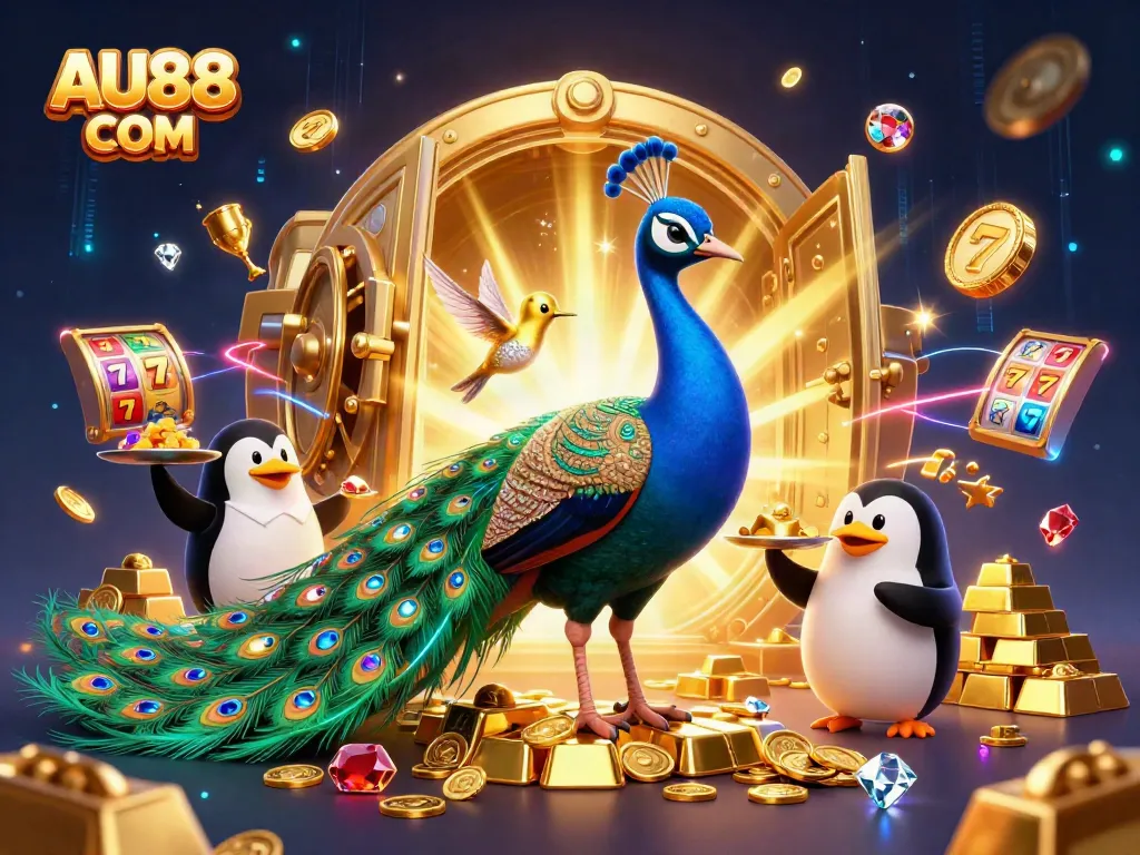 Experience the glitz of AU88 COM with a vibrant 3D illustration showcasing casino characters and treasures.