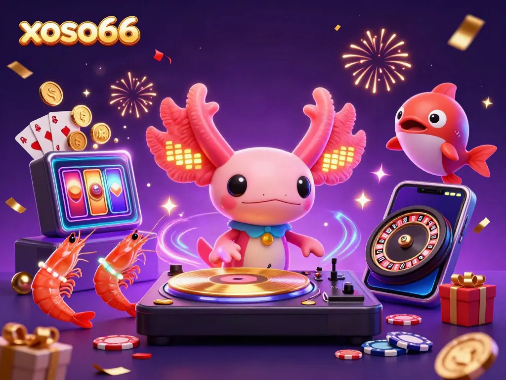 Experience the excitement of xoso66 with vibrant 3D casino elements and characters celebrating together.