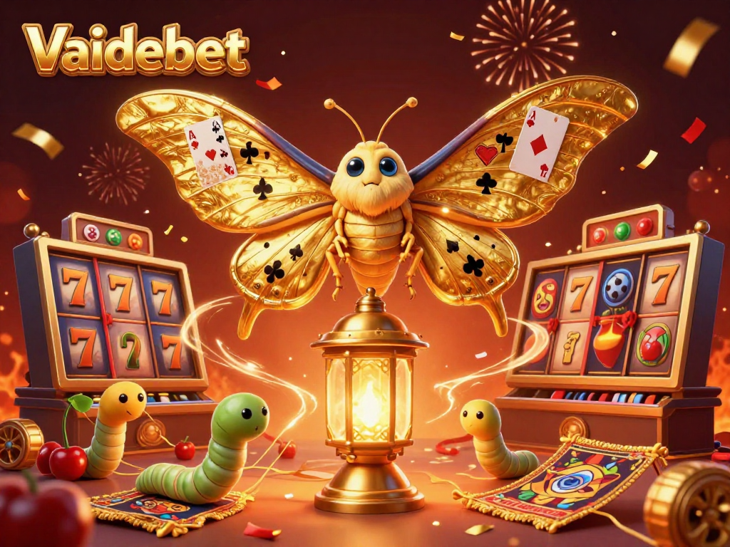 Engage with Vaidebet’s colorful casino scene featuring slot reels, golden butterflies, and festive fireworks.