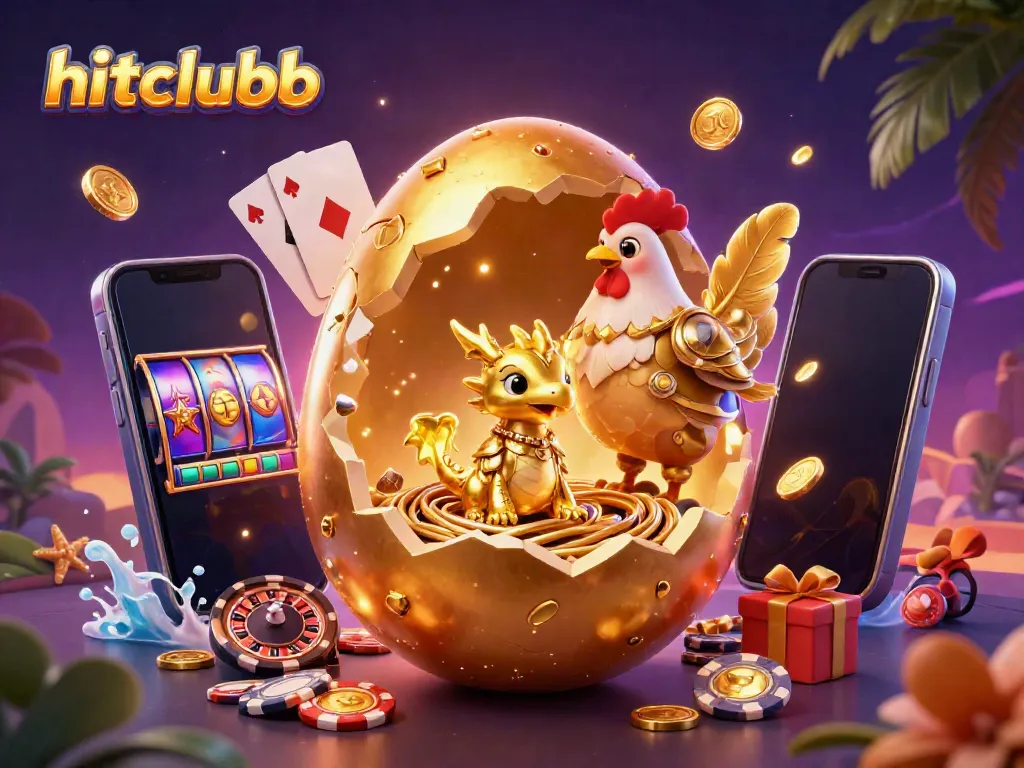Hitclubb reveals a golden dragon amidst vibrant casino game elements for a thrilling gaming experience.